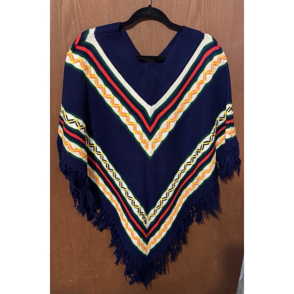 Vtg Miss Erika Acrylic Knit Poncho Cape Navy with Fringe BOHO Sweater GTbO